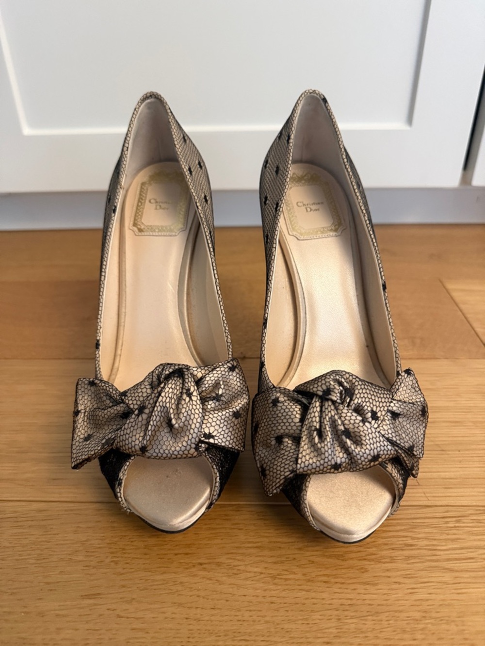 Dior Metallic Gold and Black Peep-Toe Bow Pumps